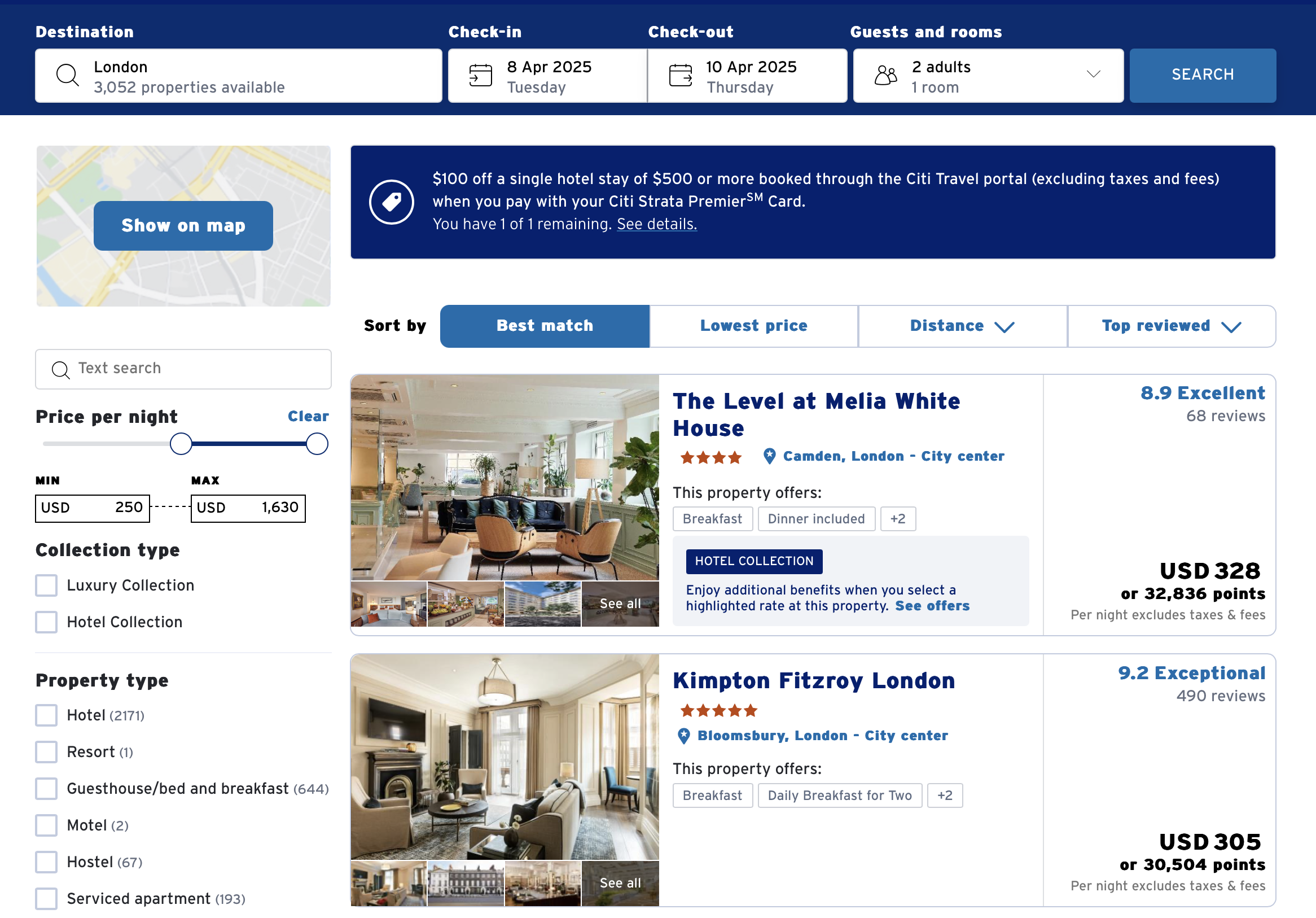 Citi Travel Hotel Results in London, UK