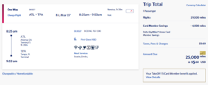 Screenshot showing Delta first class award pricing from Atlanta to Tampa