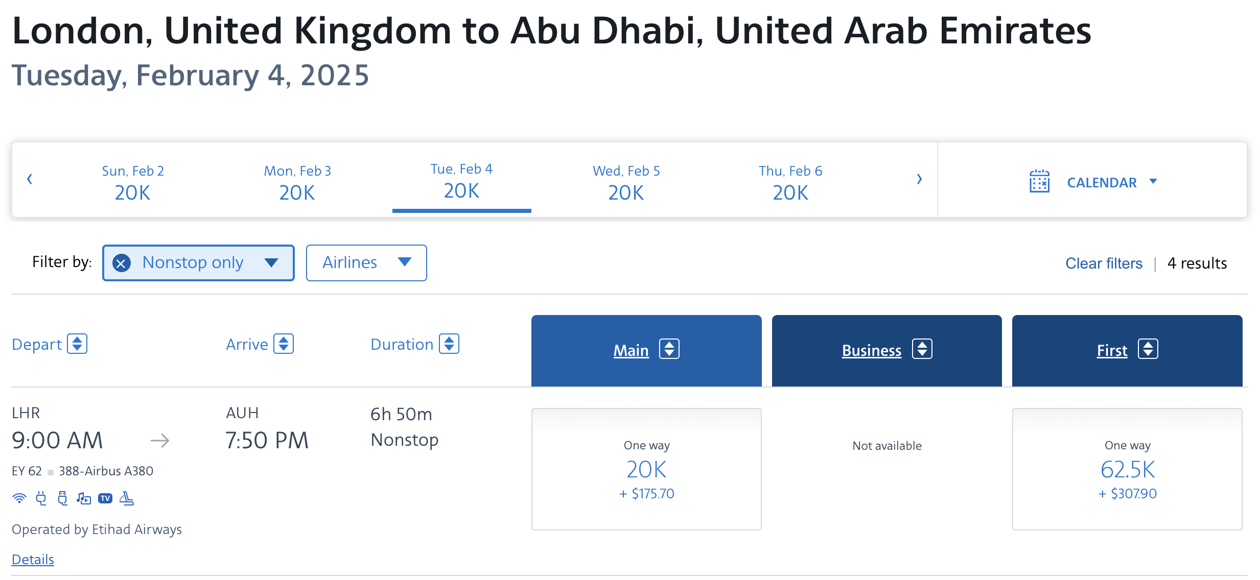 Etihad award from LHR to AUH bookable with AA miles.