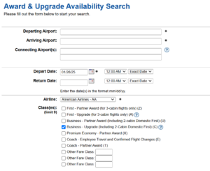 Screenshot of ExpertFlyer's award and upgrade availability search showing American Airlines options