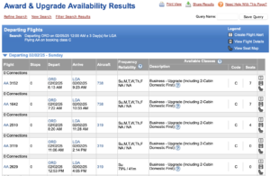 ExpertFlyer Search Results for an American Airlines flight