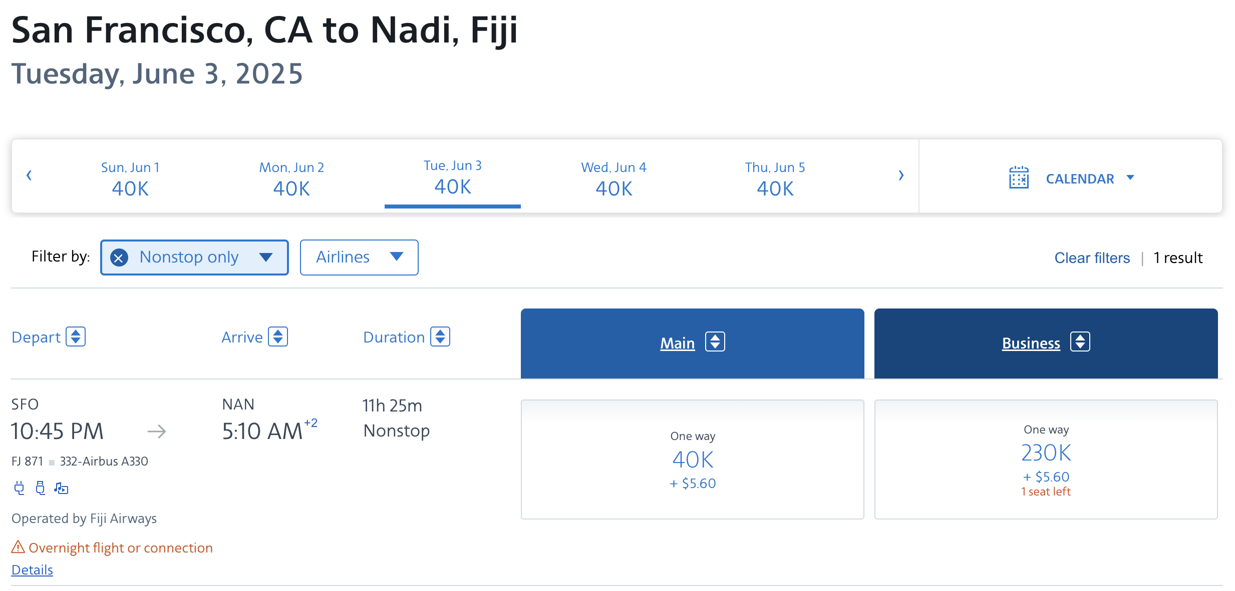 Fiji Airways award from SFO to NAN bookable with AA miles.
