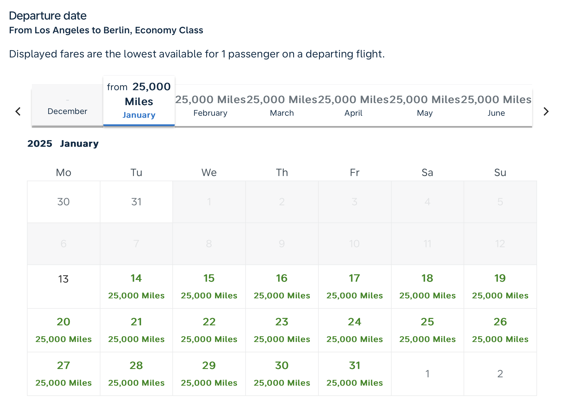 Flying Blue award calendar -- LAX to BER.