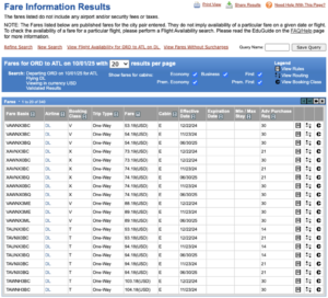 Fare Information Search Results on ExpertFlyer