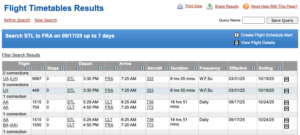 Flight Timetable Search Results on ExpertFlyer