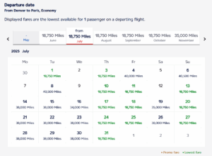 Flying Blue award calendar showing DEN-CDG for 18,750 miles one-way
