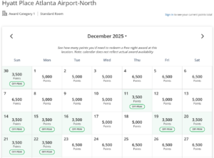 Screenshot of Hyatt award calendar for the Hyatt Place Atlanta Airport North