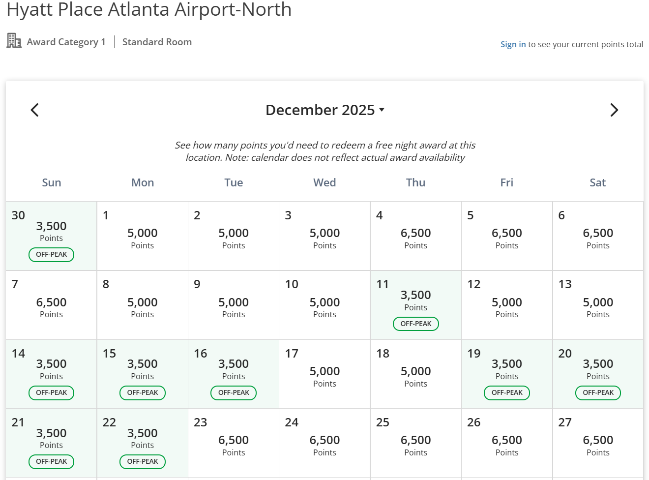 Screenshot of Hyatt award calendar for the Hyatt Place Atlanta Airport North