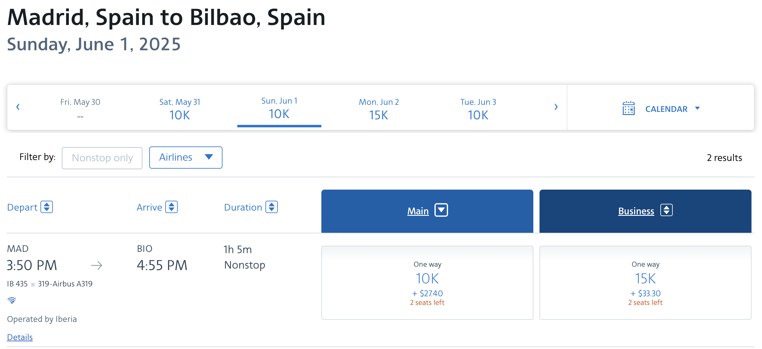 Iberia award from MAD to BIO bookable with AA miles.