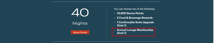Screenshot of IHG Milestone Rewards option at 40 nights, including an "annual lounge membership"