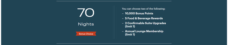 Screenshot of IHG Milestone Rewards option at 70 nights, including an "annual lounge membership"