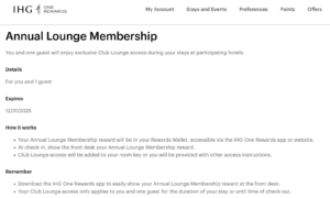 Screenshot of IHG Annual Lounge Membership in IHG account