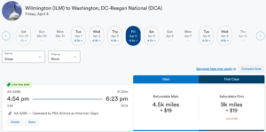 AA award from ILM to DCA for 4,500 miles via Alaska Airlines.