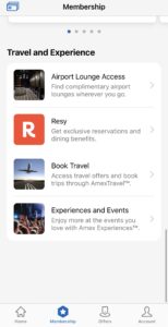 Amex app "Travel and Experience" section