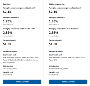 screenshot of payment processors and fees to pay taxes with a credit card