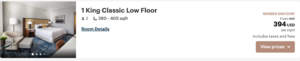 Screenshot showing cash pricing for InterContinental Times Square in a King Classic (low floor) for $394 per night