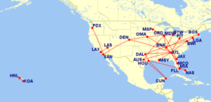 Map of routes the author flew using the Southwest Companion Pass in 2023-2024