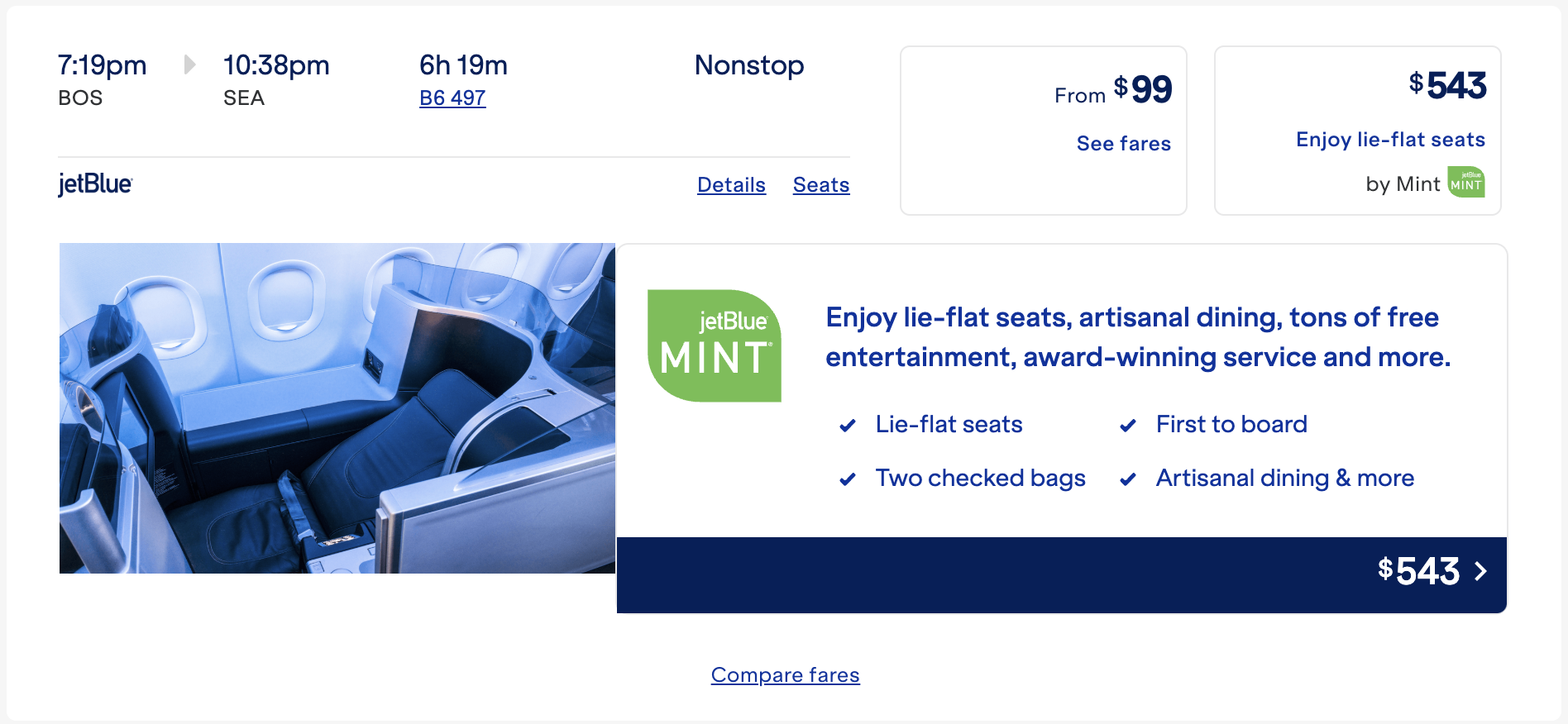 BOS to SEA JetBlue itinerary.