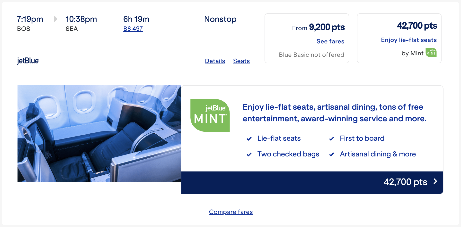 BOS to SEA for 42.7k JetBlue points in Mint.