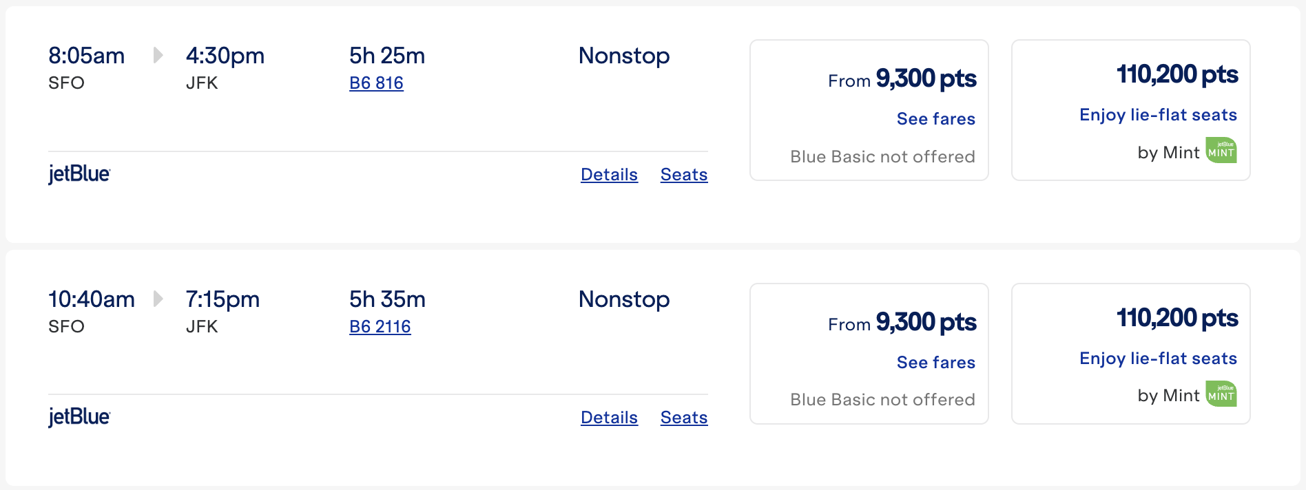 JFK to SFO for 9.3k JetBlue points.