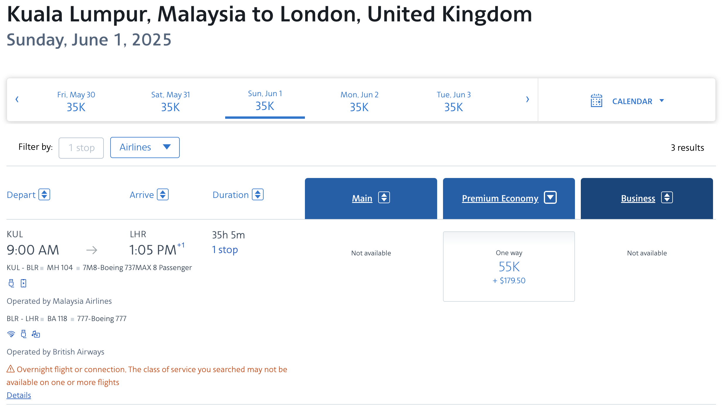 Malaysian award from KUL to LHR bookable with AA miles.
