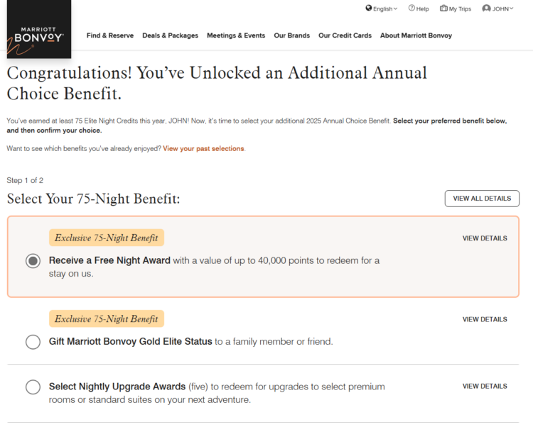 Marriott Annual Choice Benefit 75-night selection process