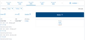Screenshot of American Airlines website showing Qatar business class award from Sapporo to Alexandria for 40,000 AAdvantage miles one-way