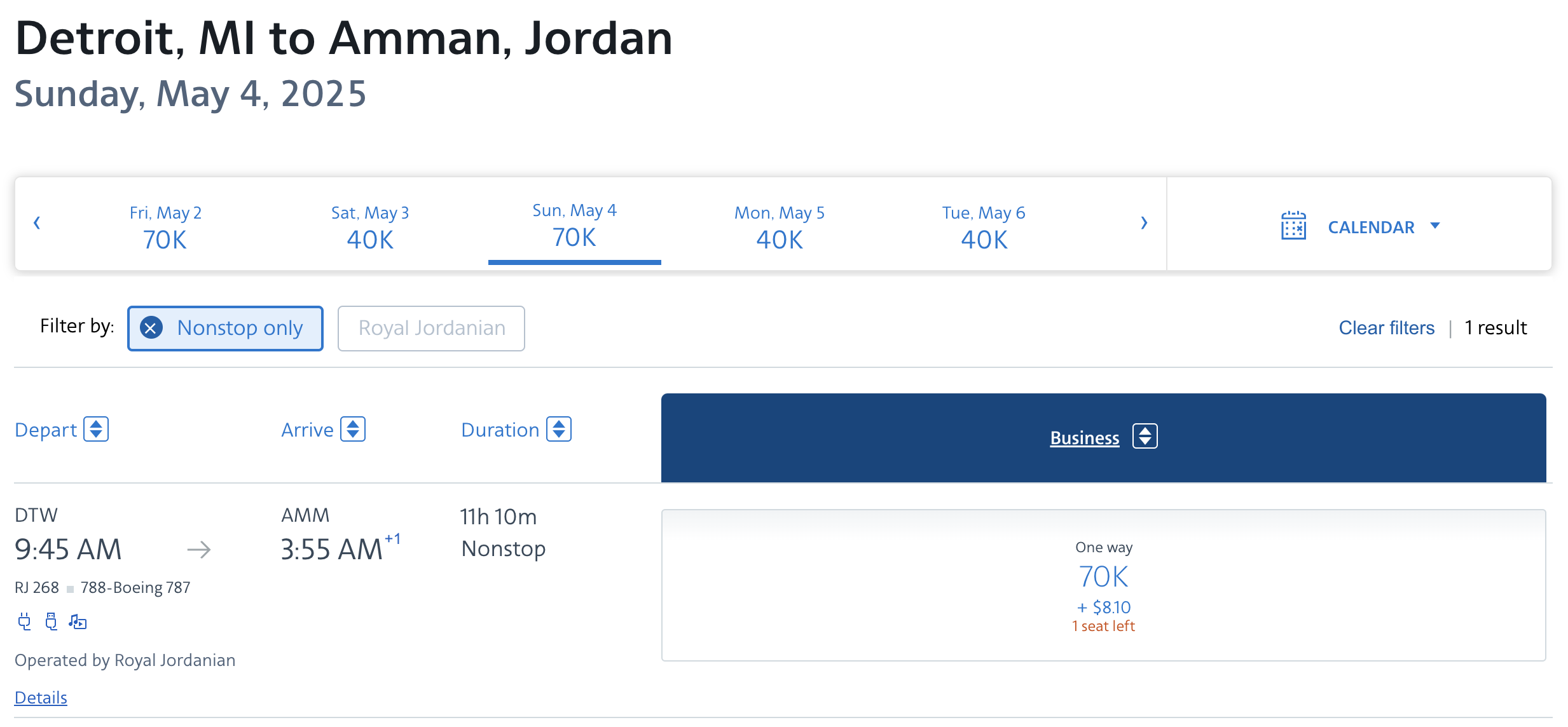 Royal Jordanian award from DTW to AMM bookable with AA miles.