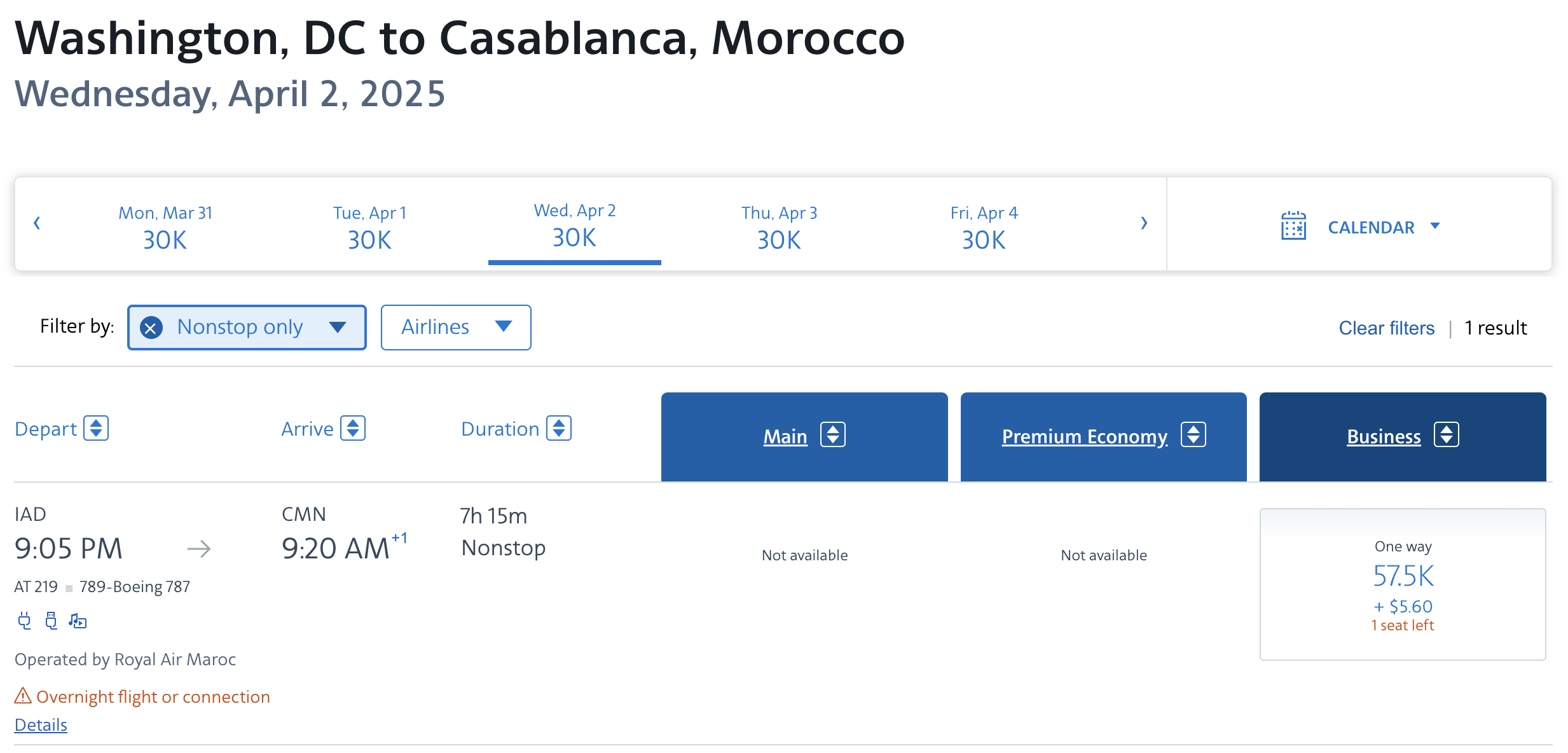 Royal Air Maroc award from IAD to CMN bookable with AA miles.