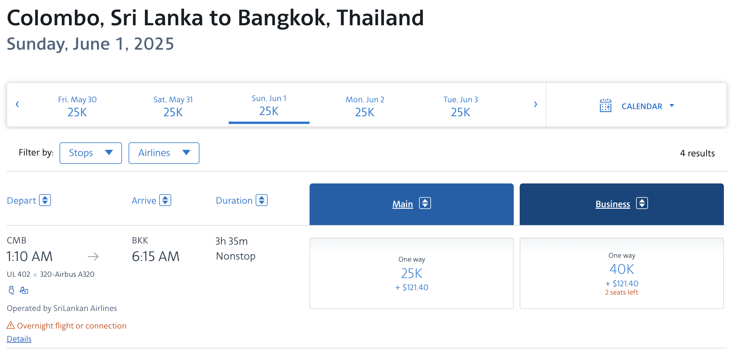 SriLankan award from CMB to BKK bookable with AA miles.