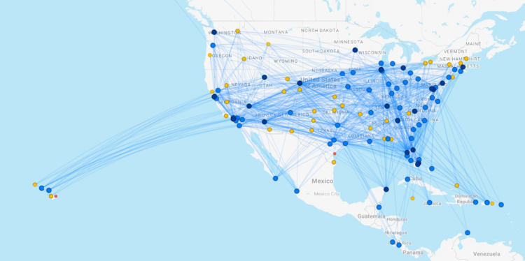 Screenshot of Southwest's current route map via FlightConnections