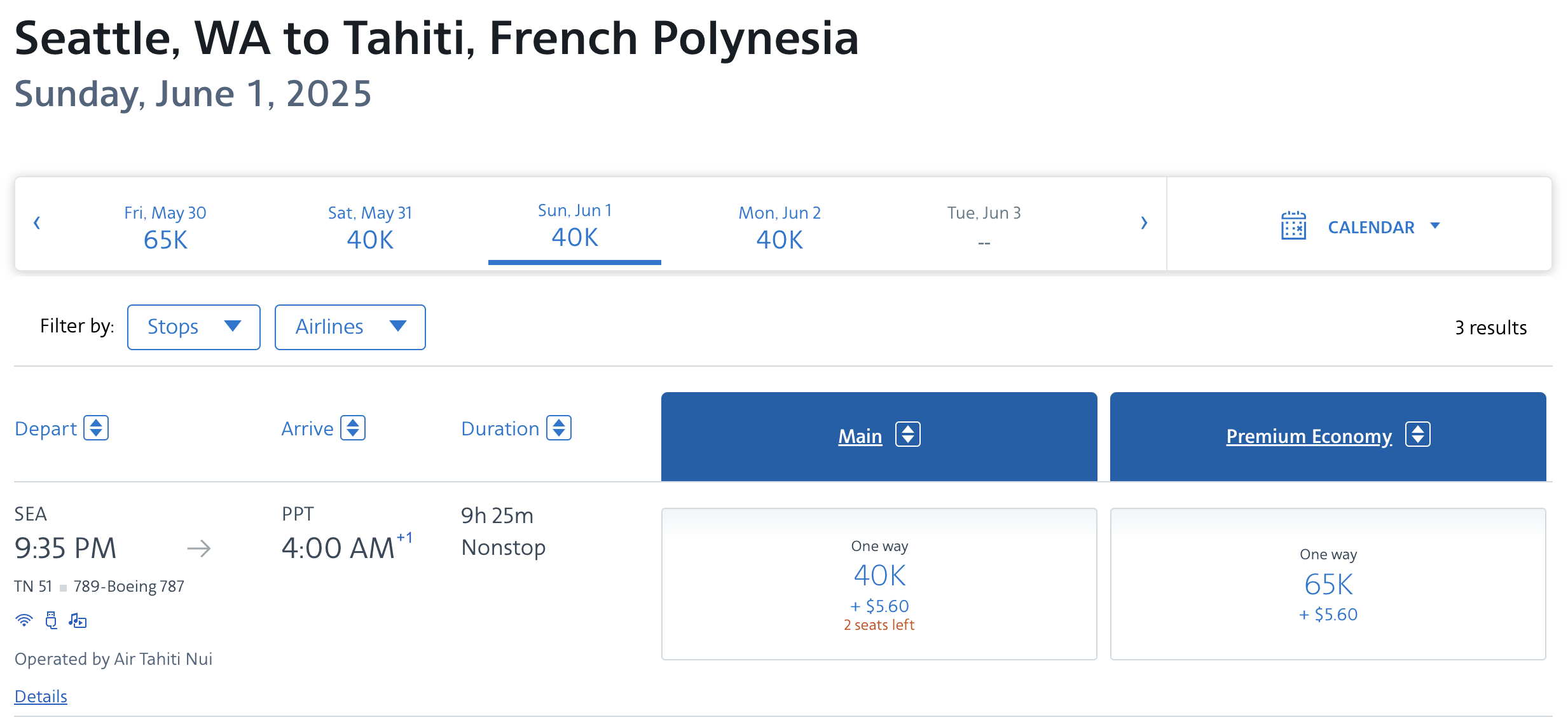 Air Tahiti Nui award from SEA to PPT bookable with AA miles.