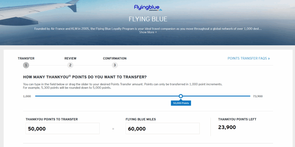 Screenshot showing transferring 50k Citi points to 60k Flying Blue miles