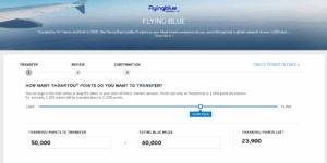 Screenshot showing transferring 50k Citi points to 60k Flying Blue miles