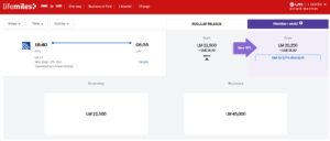 Screenshot of LifeMiles website showing United awards from Newark to London for 45,000 LifeMiles one-way in business class