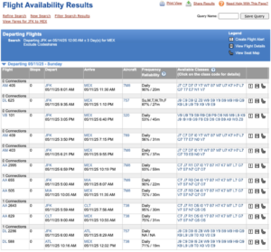 Viewing Available Flights from New York City to Mexico City on ExpertFlyer