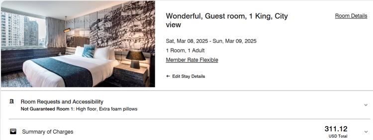 A screenshot from Marriott showing the booking page for the W Marriott Lakeshore