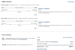 Air Canada itinerary between SFO and BCN for a total of $800.17