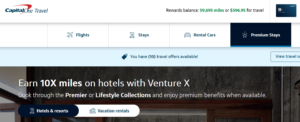 A screenshot shows the search page for the Capital One Travel Portal hotels.