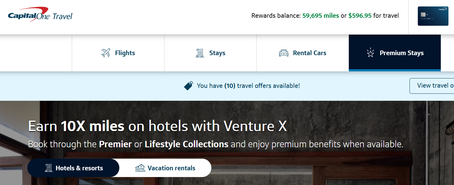 A screenshot shows the search page for the Capital One Travel Portal hotels.