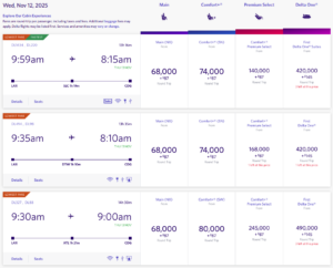 Example Delta award prices from LAX to CDG