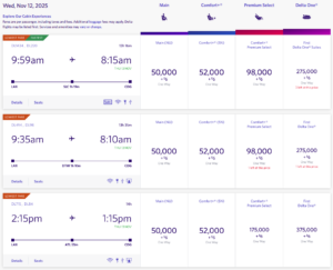 Example Delta one-way award prices from LAX to CDG