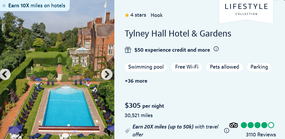 A screenshot shows the booking page for Tylney Hall in England, through the Capital One Lifestyle Collection.