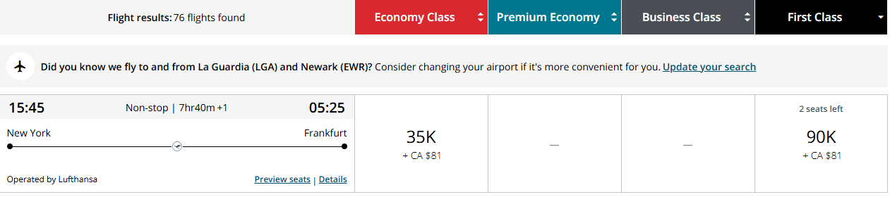 A screenshot shows a booking option for a Lufthansa flight from JFK to Frankfurt