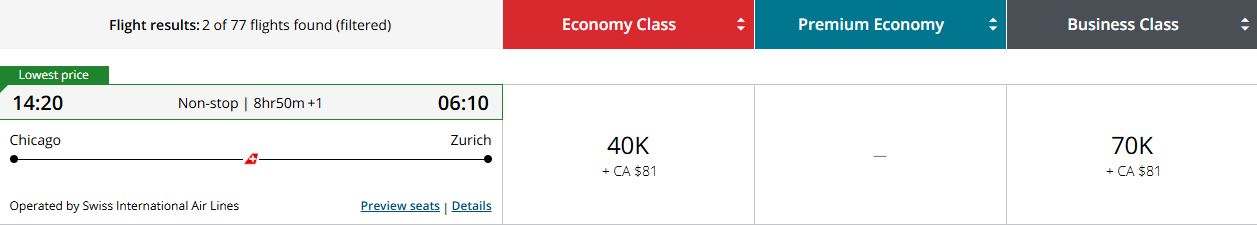 A screenshot shows a flight option ORD to ZRH on Swissair