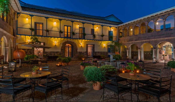 A photo of the courtyard at the Palacio del Inka in Cusco Peru