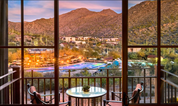 A photo shows the view from a balcony at the Ritz Carlton Dove Mountain