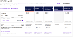 Earning rates for United Premier Qualifying Points (PQP) from flying United, as shown when selecting tickets for purchase