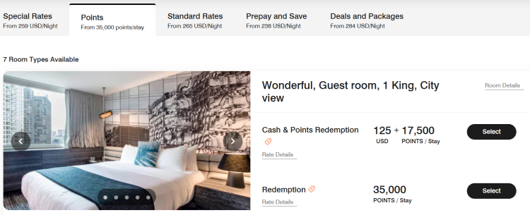 A screen shot shows a booking page on Marriott in points, or in cash