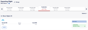 Screenshot of Flying Blue award search checkout page showing business class award from Amsterdam to Calgary for 60,000 Flying Blue miles one-way